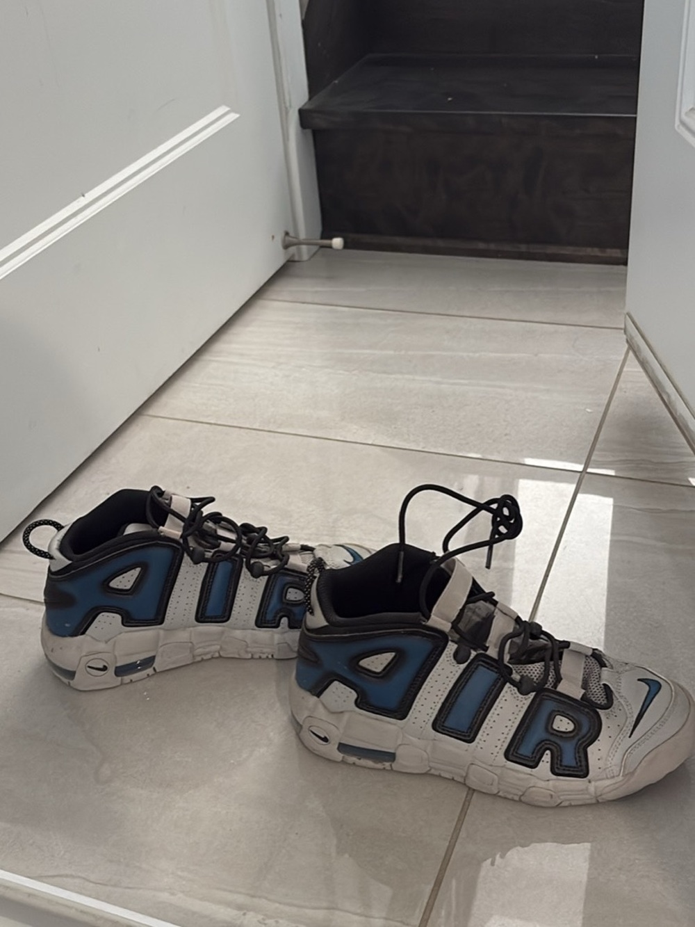 Nike White and Blue Air More Uptempo Sneakers